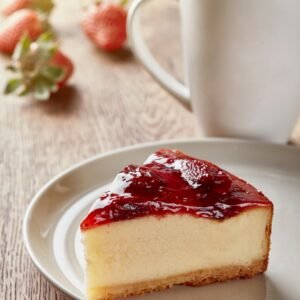 a piece of cheesecake on a plate next to a cup of coffee